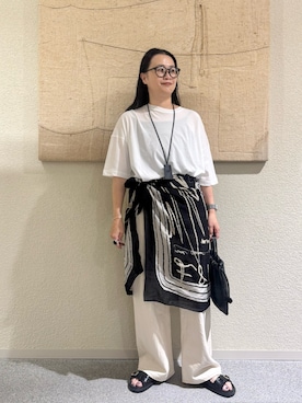 「かぐれ（カグレ）のハイツイストコットン半袖Tシャツ（Tシャツ/カットソー、ホワイト系）」を使った、クボさん（レディース・161cm）の夏コーディネート