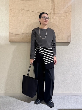「かぐれ（カグレ）のコットンラウンドカットソー（Tシャツ/カットソー、グレー系）」を使った、クボさん（レディース・161cm）の夏コーディネート
