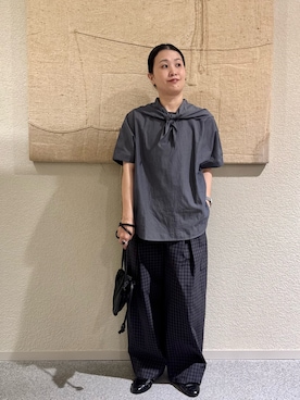 「かぐれ（カグレ）のギンガムタックワイドパンツ（その他パンツ、グレー系）」を使った、クボさん（レディース・161cm）の春コーディネート