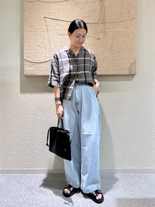 かぐれ ブラウス シャツ リネンチェック半袖シャツ レディース
