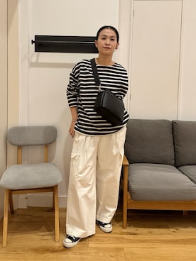 「かぐれ（カグレ）のボーダーワイドカットソー（Tシャツ/カットソー）」を使った、クボさん（レディース・161cm）の秋コーディネート