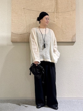 「かぐれ（カグレ）のリネンボイルワイドプルオーバー（シャツ/ブラウス、ホワイト系）」を使った、クボさん（レディース・161cm）の春コーディネート
