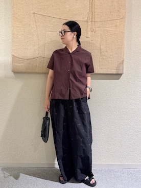 「かぐれ（カグレ）のコットンフレンチスリーブシャツ（シャツ/ブラウス、ブラウン系）」を使った、クボさん（レディース・161cm）の夏コーディネート