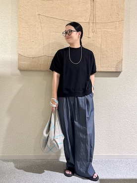 「かぐれ（カグレ）の天竺 ワイドプルオーバー（Tシャツ/カットソー、ブラック系）」を使った、クボさん（レディース・161cm）の夏コーディネート