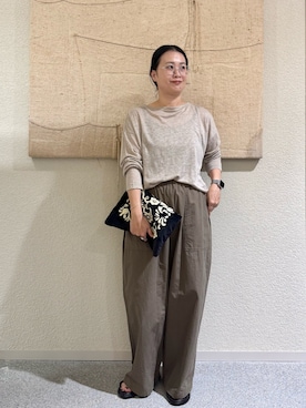 「かぐれ（カグレ）のリネンボートネックカットソー（Tシャツ/カットソー、ベージュ系）」を使った、クボさん（レディース・161cm）の夏コーディネート