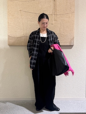 「かぐれ（カグレ）のオンブレーチェック開襟シャツ（シャツ/ブラウス、ブラック系）」を使った、クボさん（レディース・161cm）の秋コーディネート