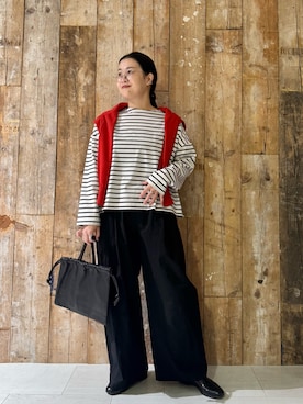 「かぐれ（カグレ）のコットンハイゲージポロニットカーディガン（カーディガン/ボレロ、レッド系）」を使った、クボさん（レディース・161cm）の春コーディネート