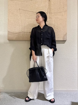 「かぐれ（カグレ）のラミーワイドシアーシャツ（シャツ/ブラウス、ブラック系）」を使った、クボさん（レディース・161cm）の夏コーディネート