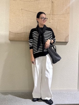 「かぐれ（カグレ）のシアーコットンボーダーボートネック（ニット/セーター、ブラック系）」を使った、クボさん（レディース・161cm）の夏コーディネート