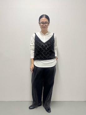 「かぐれ（カグレ）のペルー柄編ニットキャミソール（ニット/セーター、グレー系）」を使った、クボさん（レディース・161cm）の秋コーディネート