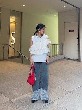 「SENSE OF PLACE by URBAN RESEARCH(センスオブプレイスバイアーバンリサーチ)の撥水 コードハンドルパフバッグ(ハンドバッグ、レッド系)」を使った、hanaさん(レディース・154cm)の夏コーディネート