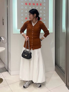 「SENSE OF PLACE by URBAN RESEARCH（センスオブプレイスバイアーバンリサーチ）のパッチワークVネックカーディガン（カーディガン/ボレロ）」を使った、hanaさん（レディース・151cm）の秋コーディネート