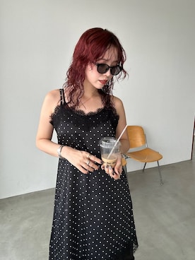 「PAGEBOY（ページボーイ）のレース×ドットキャミワンピース（チュニック、ブラック系）」を使った、fokanon0622さん（レディース・157cm）の夏コーディネート