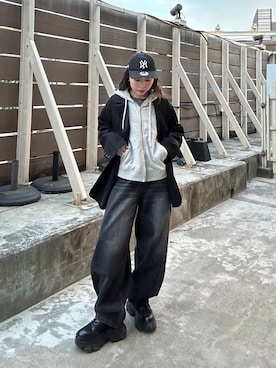 「PBLIM（ページボーイリム）の《UNISEX》スラブブリーチデニム（デニムパンツ）」を使った、fokanon0622さん（レディース・157cm）の秋コーディネート