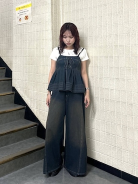「PAGEBOY（ページボーイ）の＜まるでデニム見え！/紫外線カット/接触冷感/ストレッチ＞マルデニメガレッグパンツ（デニムパンツ、グリーン系）」を使った、fokanon0622さん（レディース・157cm）の夏コーディネート