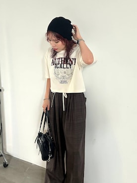 「PBLIM（ページボーイリム）の《UNISEX》ダブルウエストチェックパンツ（その他パンツ、ブラウン系）」を使った、fokanon0622さん（レディース・157cm）の夏コーディネート