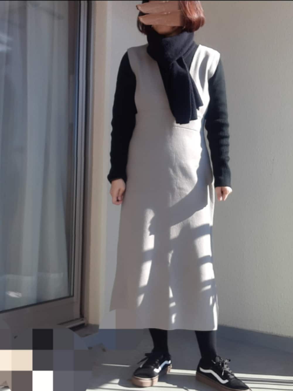 「無印良品の再生ポリエステル混　リブ編み　マフラー（マフラー、ブラック系）」を使った、jamさん（レディース・161cm）の冬コーディネートの1枚目の写真