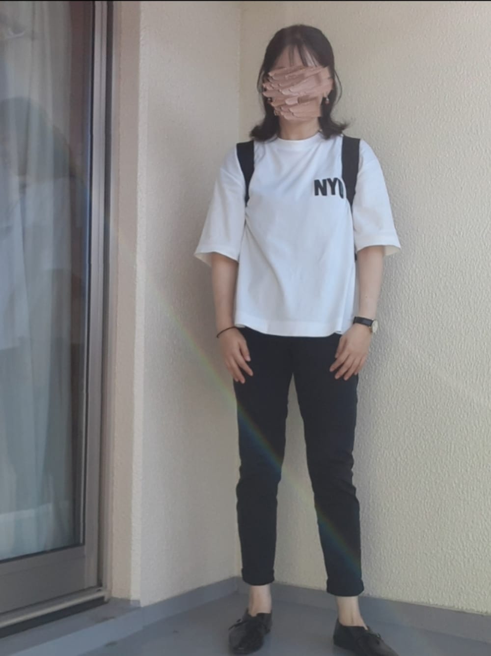 「スキニーデニム、リュック」｜「THE NORTH FACEのアイテム（バックパック/リュック、ブラック系）」を使った、jamさん（レディース・161cm）の夏コーディネートの1枚目の写真
