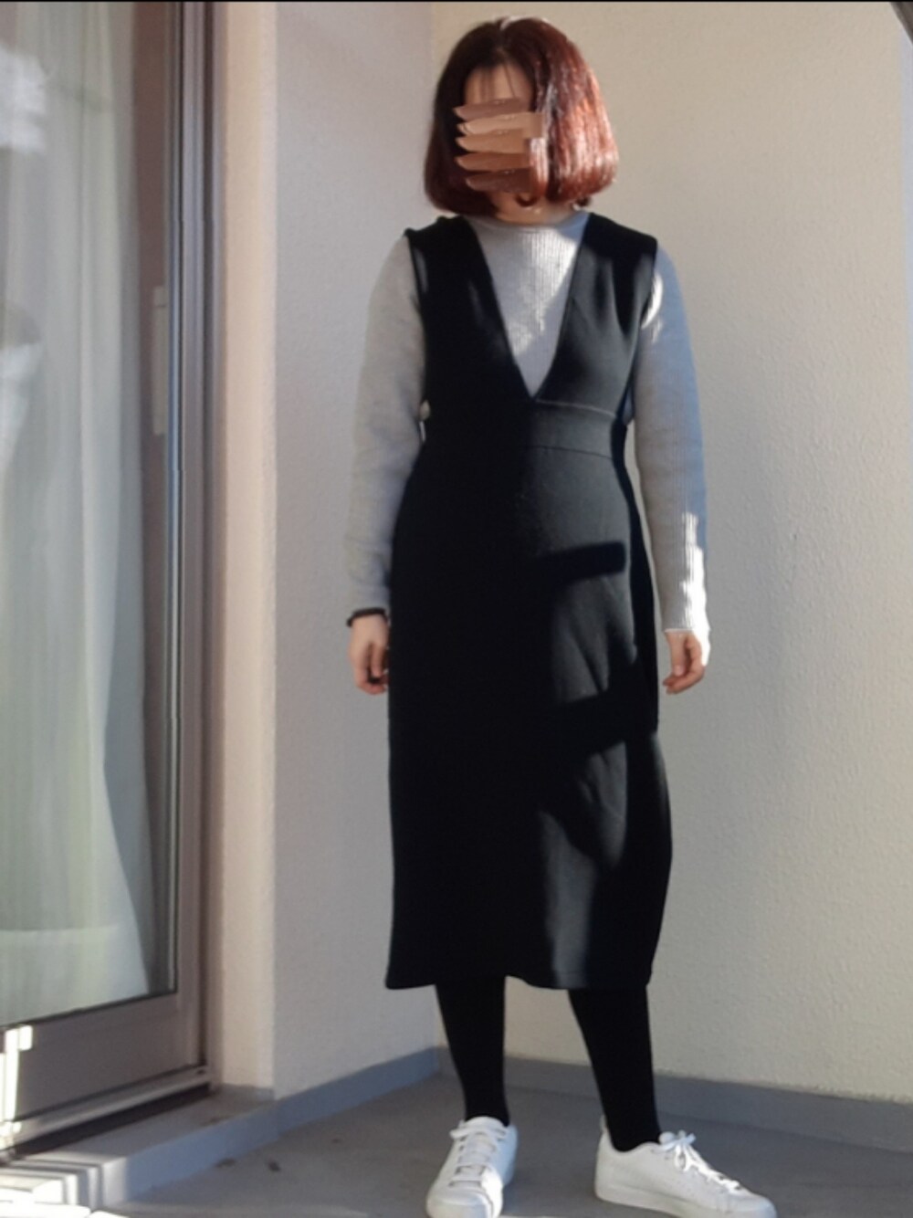 「ニットワンピース、ワンピーススタイル」｜「GUのアイテム（ジャンパースカート、ブラック系）」を使った、jamさん（レディース・161cm）の冬コーディネートの1枚目の写真