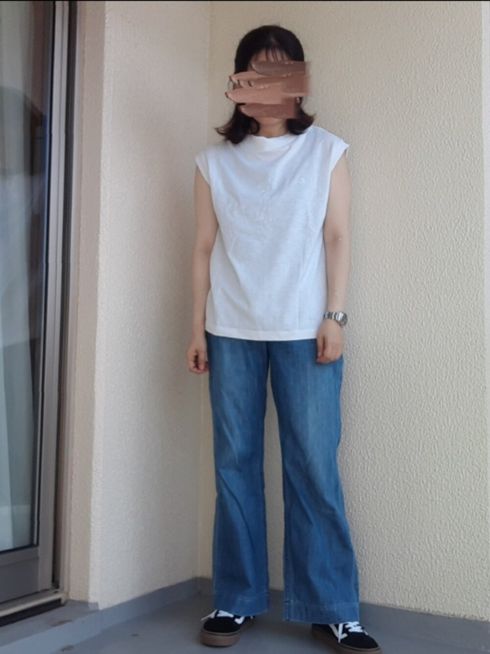 「デニムパンツ、ノースリーブ」｜「GAPのアイテム（デニムパンツ、ブルー系）」を使った、jamさん（レディース・161cm）の夏コーディネートの1枚目の写真