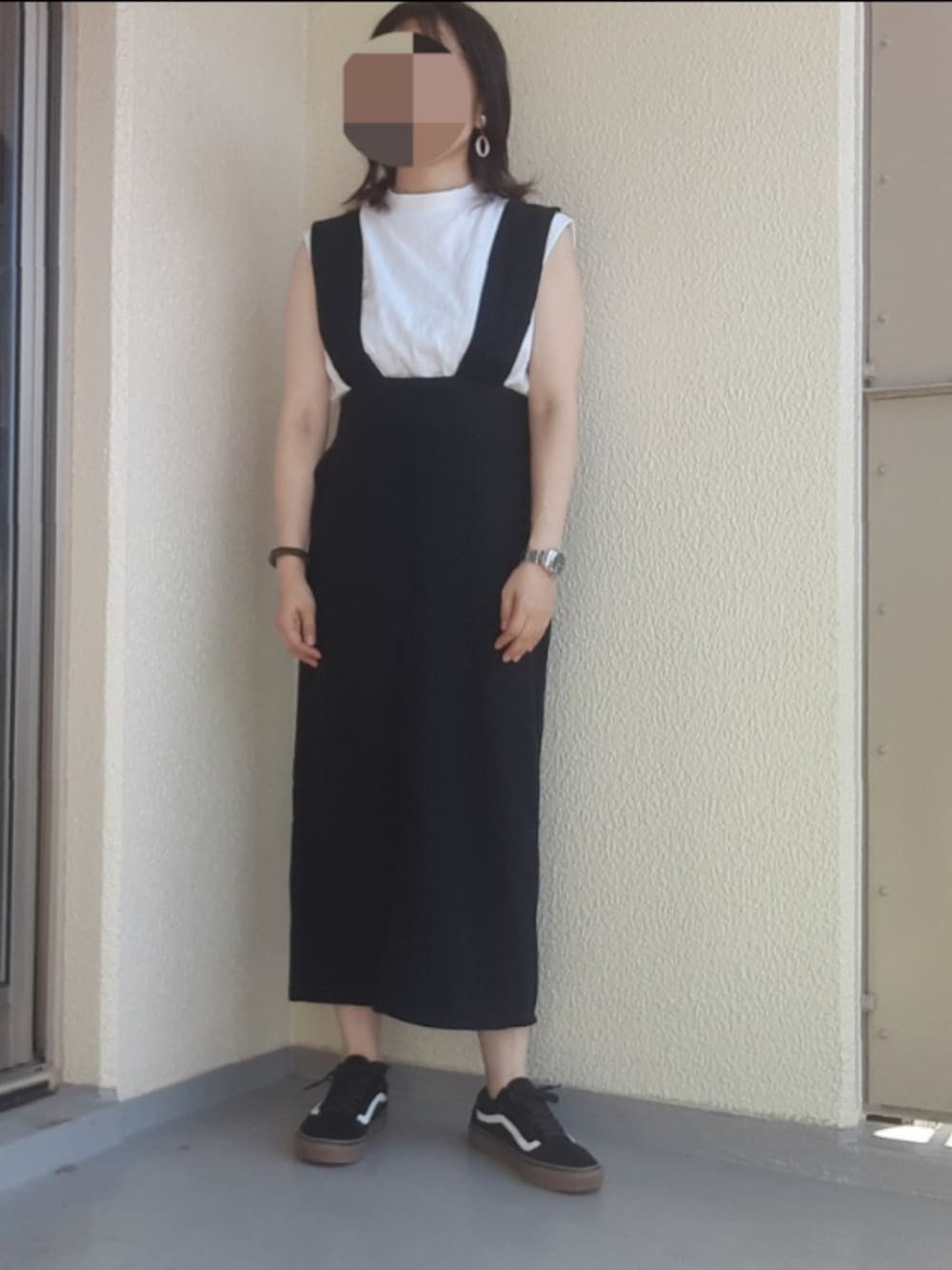 「ジャンパースカート、ノースリーブ」｜「Championのアイテム（タンクトップ、ホワイト系）」を使った、jamさん（レディース・161cm）の夏コーディネートの1枚目の写真