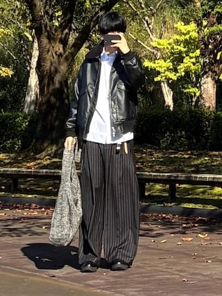 「WYM LIDNM（ウィム バイ リドム）のDETACHABLE BOA ARTIFICIAL GRAIN FLIGHT BLOUSON（ブルゾン）」を使った、mor…さん（メンズ・168cm）の秋コーディネート