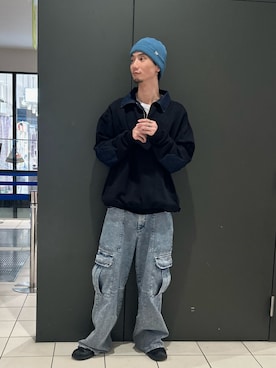「OVERRIDE（オーバーライド）のOVERRIDE  OGC MESH BEANIE / オーバーライド（ニットキャップ/ビーニー、ブルー系）」を使った、おたけさん（メンズ・180cm）の春コーディネート