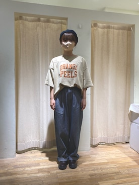 「ストライプパンツ」｜「アイテム（ハンチング/ベレー帽）」を使った、ホさん（レディース・156cm）の夏コーディネート