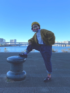 「黄色」｜「アイテム（オールインワン・サロペット）」を使った、ぴーひゃらんさん（レディース・154cm）の冬コーディネート