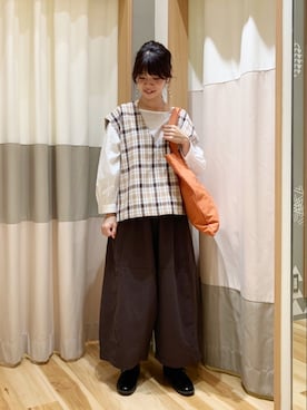 「Samansa Mos2（サマンサ モスモス）のベストレイヤード風ブラウス（シャツ/ブラウス、ブラウン系）」を使った、しばちゃんさん（レディース・156cm）の秋コーディネート