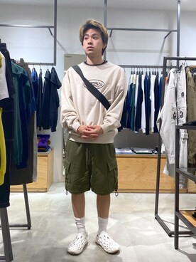 「XLARGE（エクストララージ）のLOGO MARK S/S POCKET TEE（Tシャツ/カットソー、ホワイト系）」を使った、宮田和正さん（メンズ・165cm）の夏コーディネート