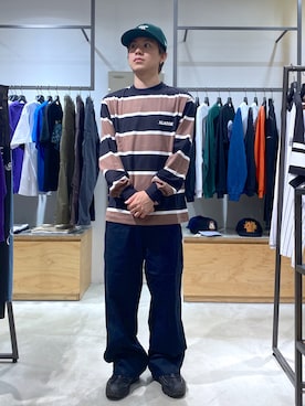 「XLARGE（エクストララージ）のSTANDARD LOGO L/S STRIPE TEE（Tシャツ/カットソー、ブラウン系）」を使った、宮田和正さん（メンズ・165cm）の夏コーディネート