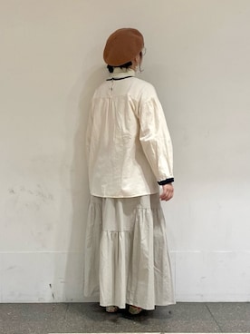 「Samansa Mos2（サマンサ モスモス）の綿麻縦フリルスカート（スカート、ベージュ系）」を使った、おすずさん（レディース・151cm）の冬コーディネート