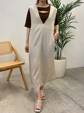 「ANGIE（アンジー）のリネンタッチVネックワンピース（ワンピース）」を使った、amacowearさん（レディース・158cm）の夏コーディネート
