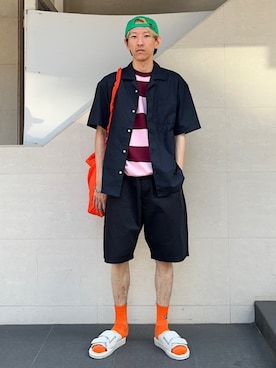 「newhattan（ニューハッタン）のアイテム（キャップ）」を使った、徳山さん（メンズ・177cm）の夏コーディネート