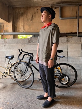 「ISAMU KATAYAMA BACKLASH（イサムカタヤマバックラッシュ）のアイテム（ハンチング/ベレー帽）」を使った、Arukot:      さん（メンズ・177cm）の夏コーディネート