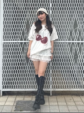 「jouetie（ジュエティ）のストレッチレースアップロングブーツ（ブーツ、ブラック系）」を使った、KANONさん（レディース・158cm）の夏コーディネート