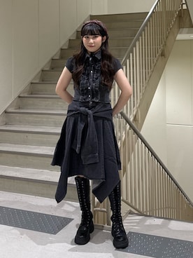 「jouetie（ジュエティ）のストレッチレースアップロングブーツ（ブーツ、ブラック系）」を使った、KANONさん（レディース・158cm）の夏コーディネート
