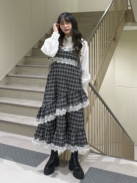 「jouetie（ジュエティ）のレースドッキングフリルキャミワンピース（One piece dress、グレー系）」を使った、KANONさん（レディース・158cm）の春コーディネート