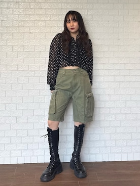 「jouetie（ジュエティ）のストレッチレースアップロングブーツ 厚底（Boots、ブラック系）」を使った、KANONさん（レディース・158cm）の春コーディネート