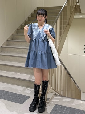 「jouetie（ジュエティ）のビッグカラーフレアミニワンピース チェック柄（One piece dress、ブルー系）」を使った、KANONさん（レディース・158cm）の春コーディネート