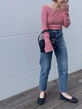 「Ungrid（アングリッド）のハイウエストスリムテーパードデニム（デニムパンツ）」を使った、岸本安純さん（レディース・152cm）の春コーディネート