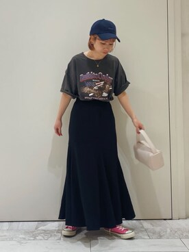 「Ungrid（アングリッド）のイーグルプリントTee（Tシャツ/カットソー）」を使った、岸本安純さん（レディース・152cm）の春コーディネート