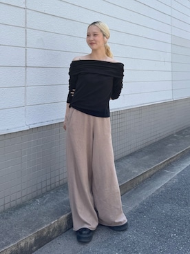 「Ungrid（アングリッド）のミニループヤーンワイドニットパンツ（その他パンツ、ブラウン系）」を使った、辻岡雅さん（レディース・148cm）の夏コーディネート