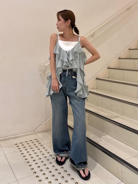 「アイテム（キャミソール、グリーン系）」を使った、辻岡雅さん（レディース・148cm）の夏コーディネート