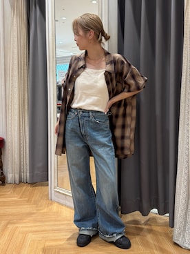 「Ungrid（アングリッド）のビッグルーズチェックシャツ（シャツ/ブラウス）」を使った、辻岡雅さん（レディース・148cm）の夏コーディネート