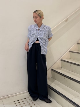 「Ungrid（アングリッド）のストレートラインパンツ（その他パンツ、ブルー系）」を使った、辻岡雅さん（レディース・148cm）の夏コーディネート