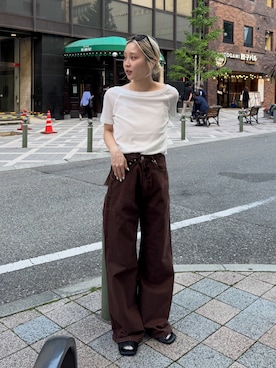「Ungrid（アングリッド）のシアーオフショルTee（Tシャツ/カットソー、ホワイト系）」を使った、辻岡雅さん（レディース・148cm）の春コーディネート
