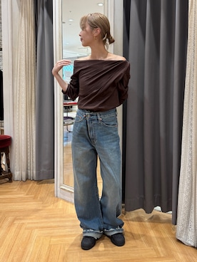 「Ungrid（アングリッド）のタックデザインオフショルロングスリーブTee（Tシャツ/カットソー）」を使った、辻岡雅さん（レディース・148cm）の夏コーディネート