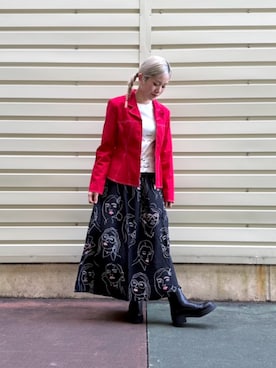 「Desigual（デシグアル）のステッチデザイン ライダースジャケット ガーリー（テーラードジャケット、レッド系）」を使った、Desigual 沖縄 STAFFさん（レディース・160cm）の春コーディネート